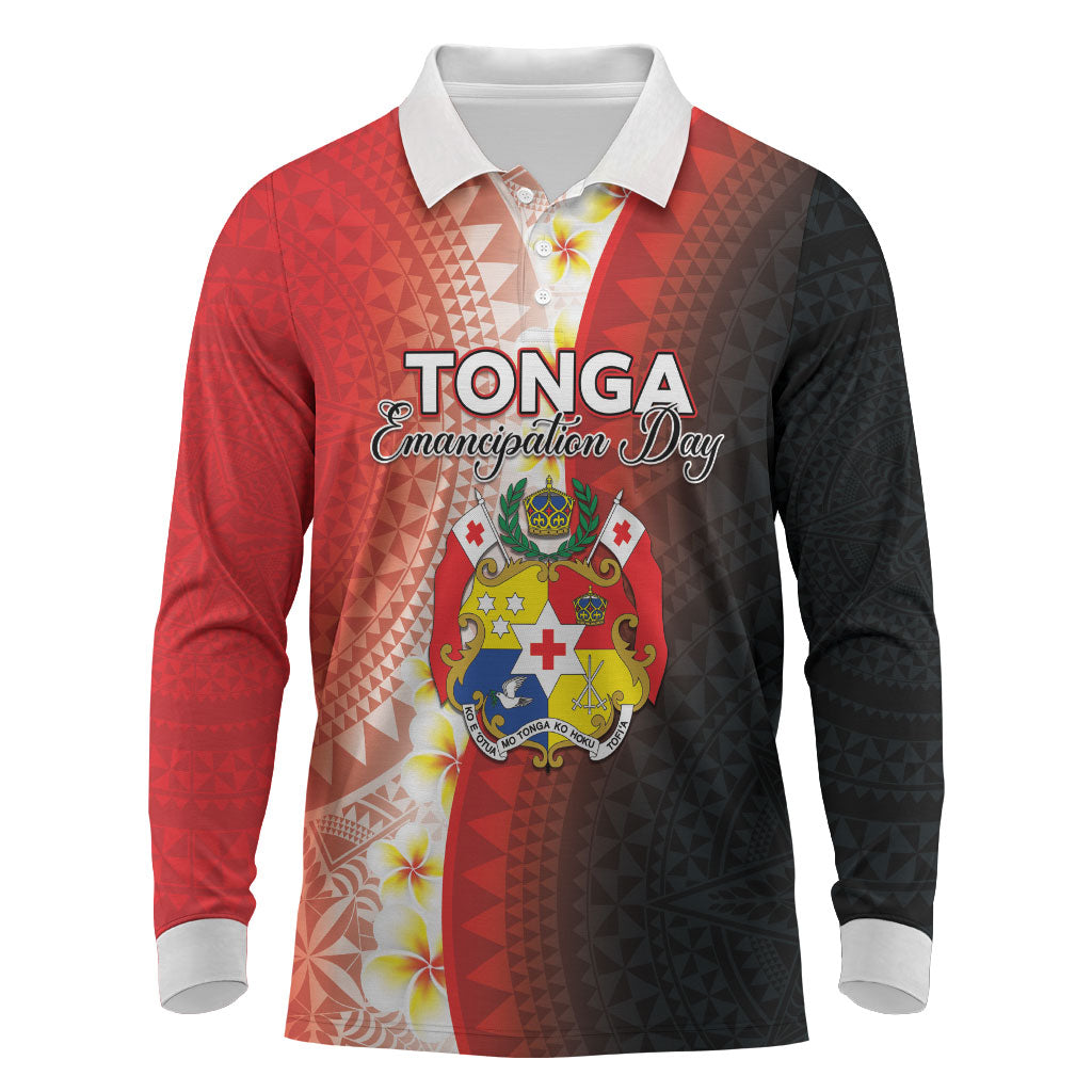Personalised Tonga Emancipation Day Long Sleeve Polo Shirt Tongan Ngatu Pattern With Plumeria