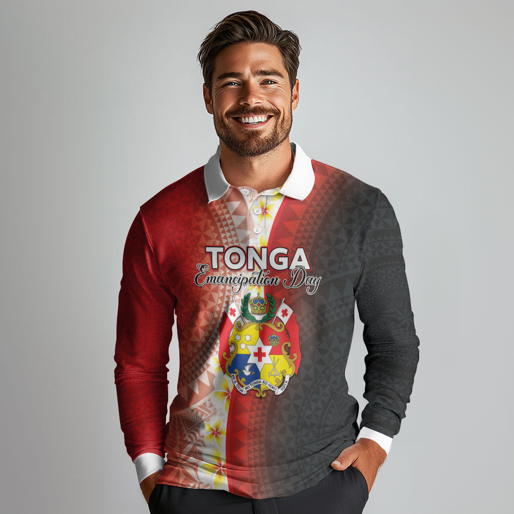 Personalised Tonga Emancipation Day Long Sleeve Polo Shirt Tongan Ngatu Pattern With Plumeria LT05 - Polynesian Pride