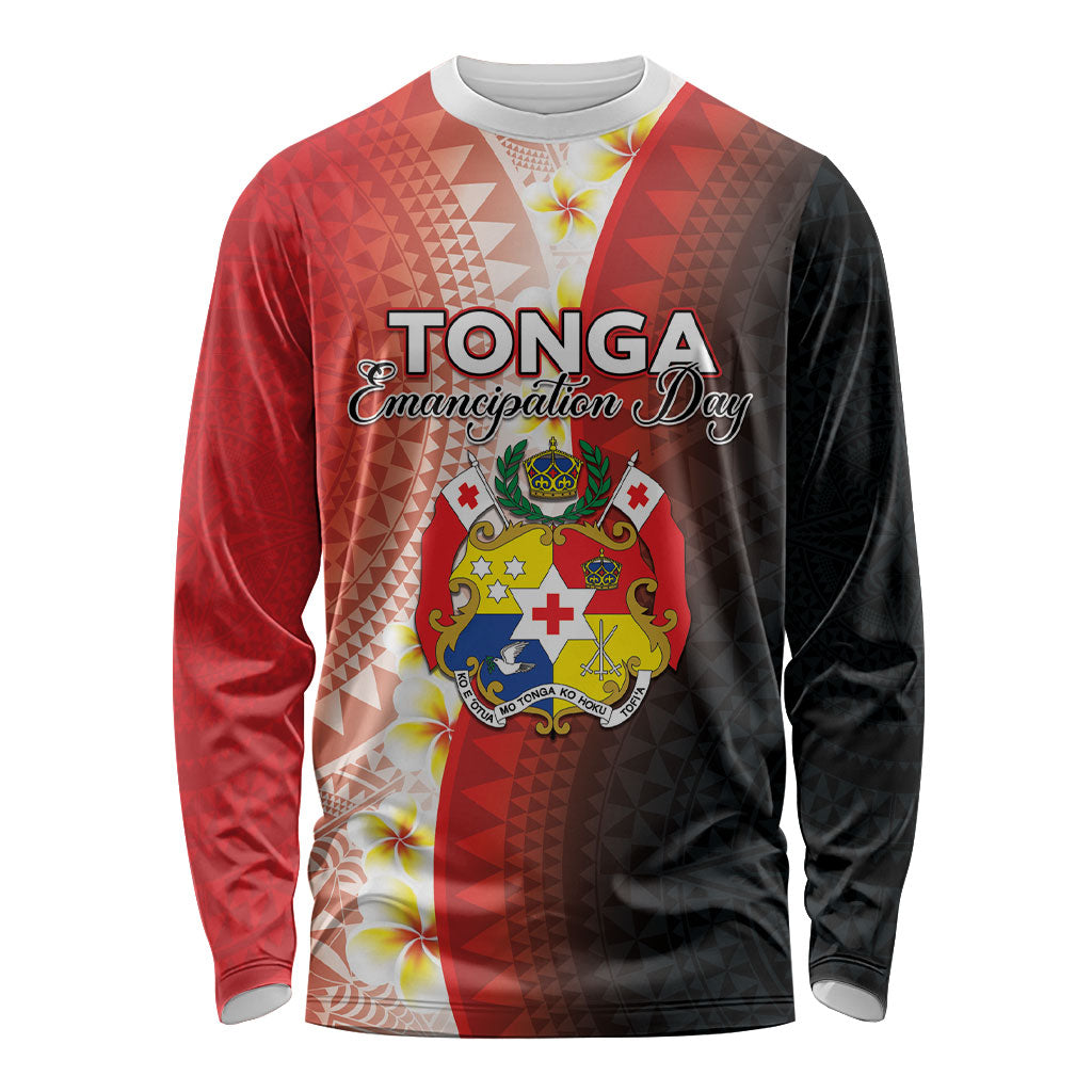 Personalised Tonga Emancipation Day Long Sleeve Shirt Tongan Ngatu Pattern With Plumeria