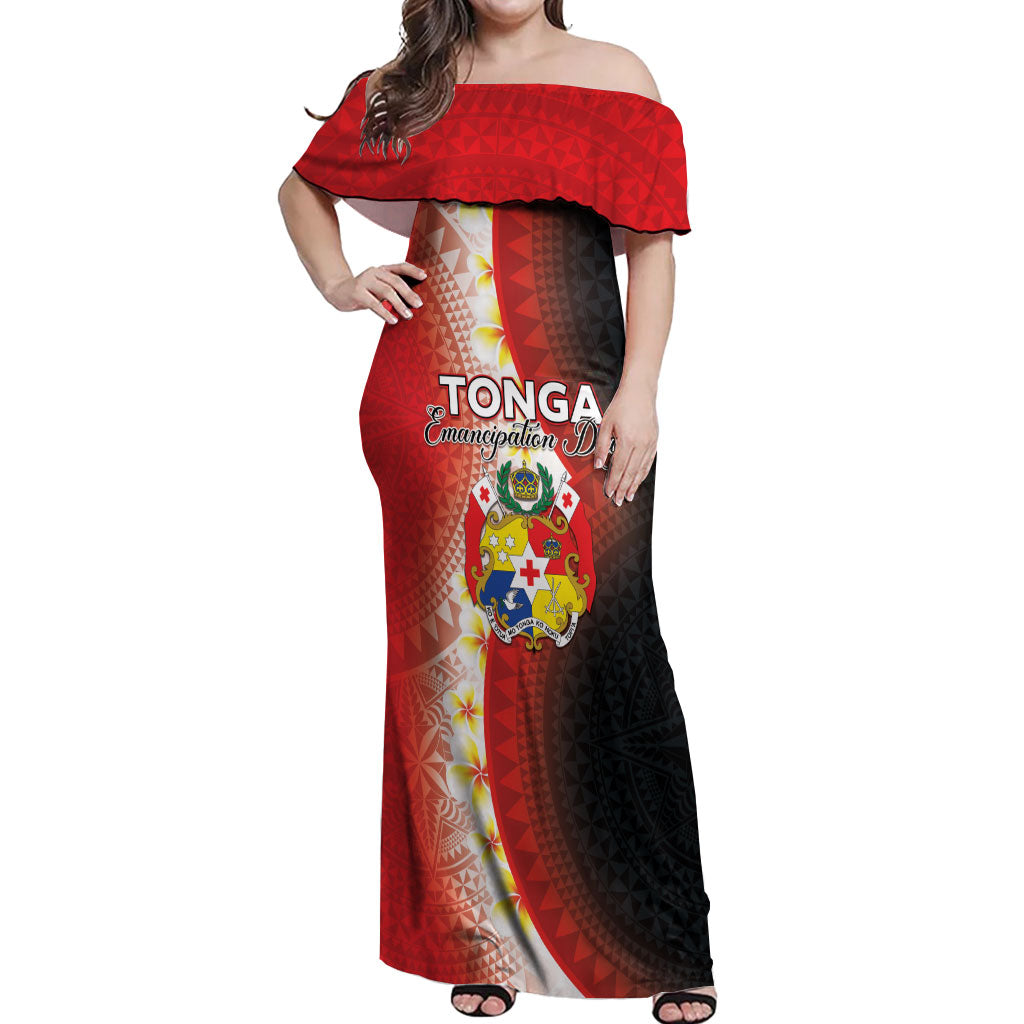 Personalised Tonga Emancipation Day Off Shoulder Maxi Dress Tongan Ngatu Pattern With Plumeria