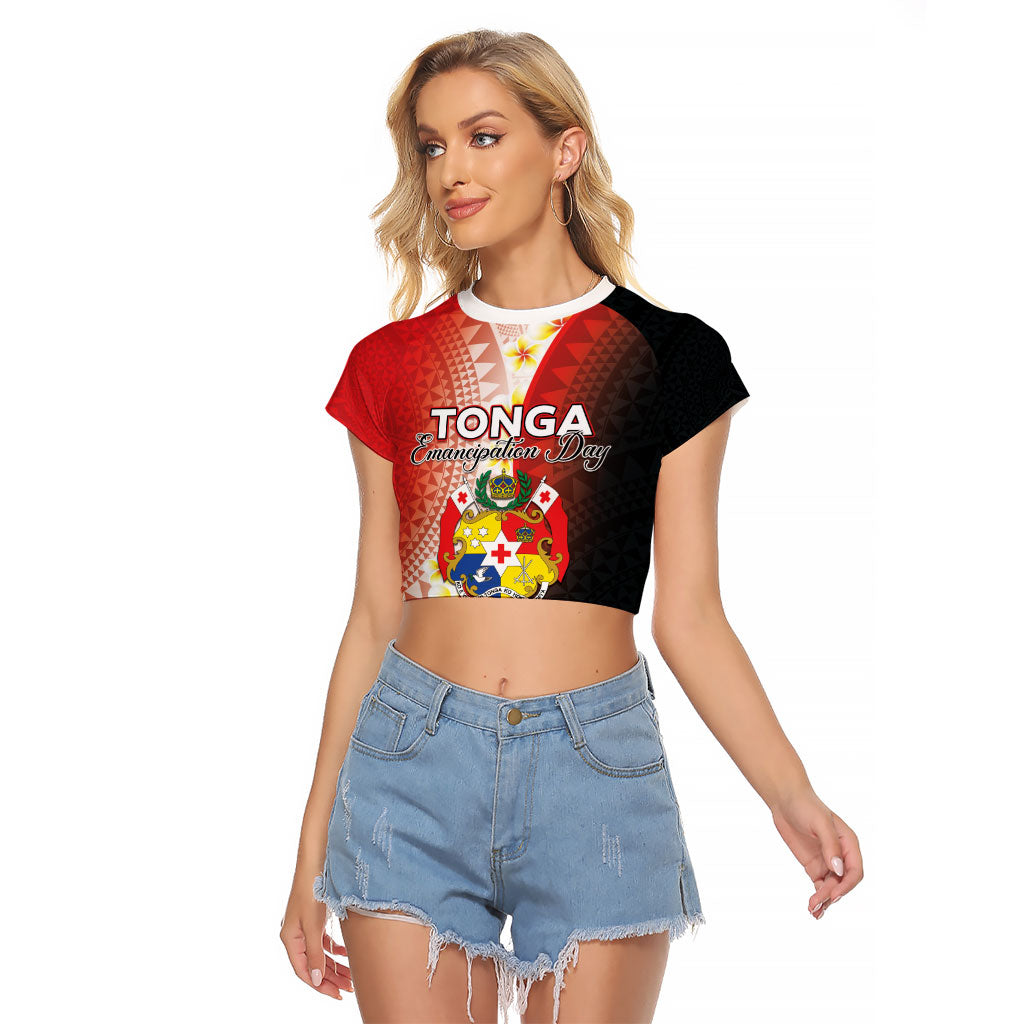 Personalised Tonga Emancipation Day Raglan Cropped T Shirt Tongan Ngatu Pattern With Plumeria LT05 Female Red - Polynesian Pride