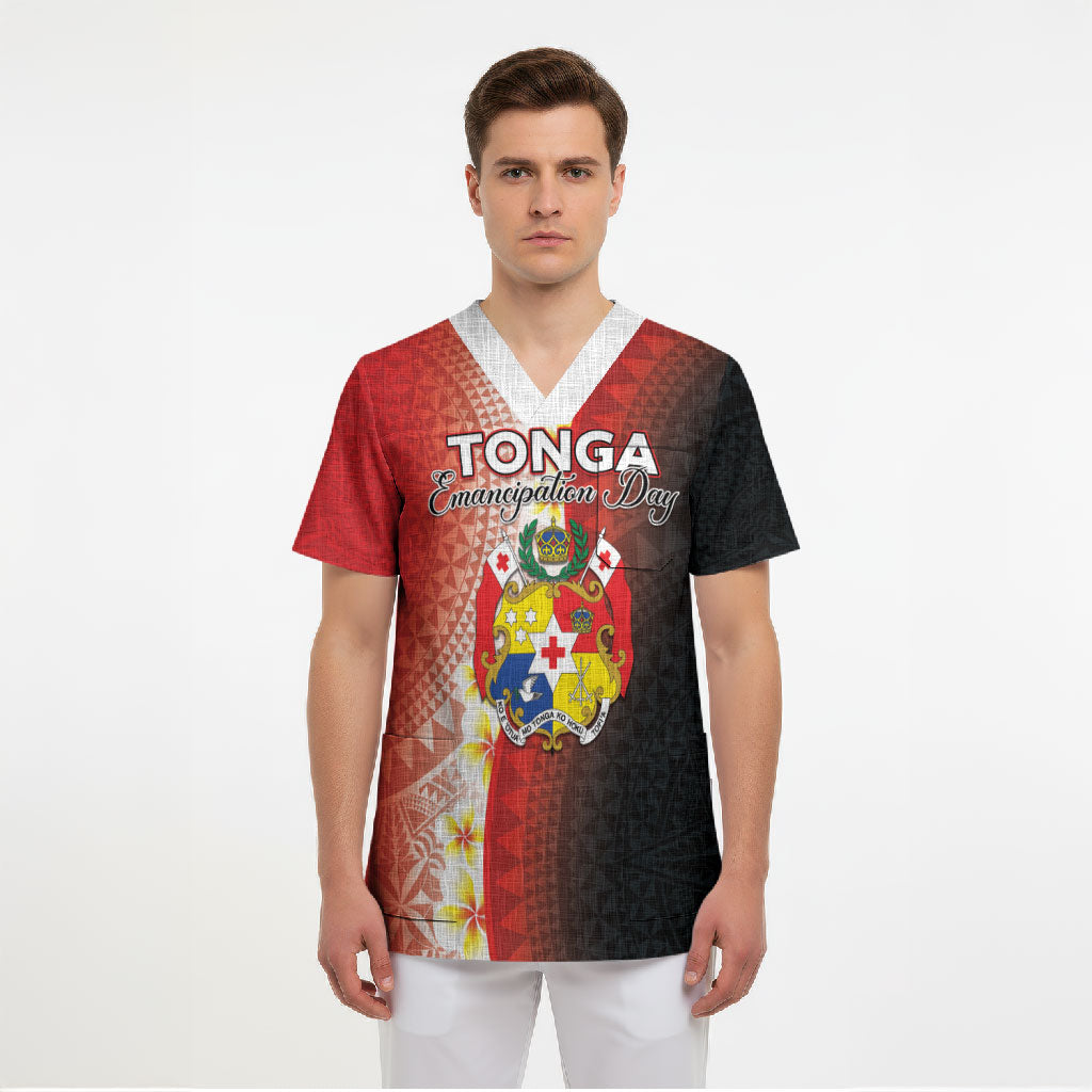 Personalised Tonga Emancipation Day Scrub Top Tongan Ngatu Pattern With Plumeria LT05 - Polynesian Pride
