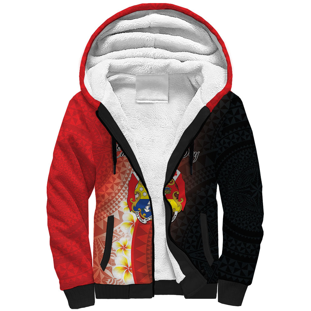 Personalised Tonga Emancipation Day Sherpa Hoodie Tongan Ngatu Pattern With Plumeria LT05 Unisex Red - Polynesian Pride
