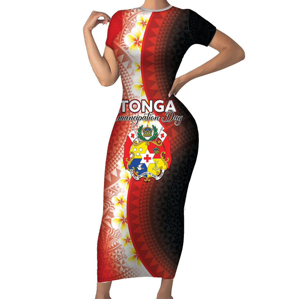 Personalised Tonga Emancipation Day Short Sleeve Bodycon Dress Tongan Ngatu Pattern With Plumeria LT05 Long Dress Red - Polynesian Pride