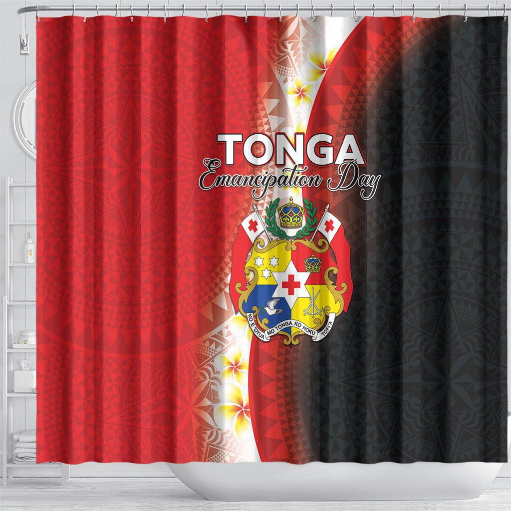 Tonga Emancipation Day Shower Curtain Tongan Ngatu Pattern With Plumeria LT05 - Polynesian Pride