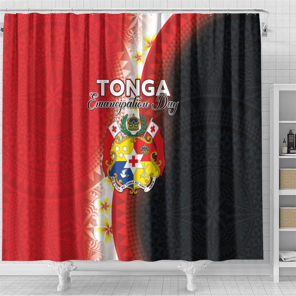 Tonga Emancipation Day Shower Curtain Tongan Ngatu Pattern With Plumeria LT05 - Polynesian Pride