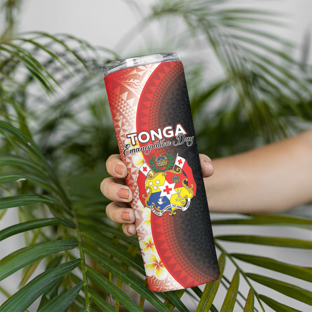 Personalised Tonga Emancipation Day Skinny Tumbler Tongan Ngatu Pattern With Plumeria LT05 - Polynesian Pride