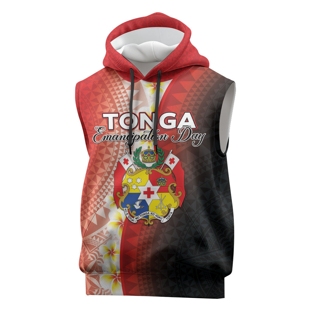 Personalised Tonga Emancipation Day Sleeveless Hoodie Tongan Ngatu Pattern With Plumeria LT05 Red - Polynesian Pride