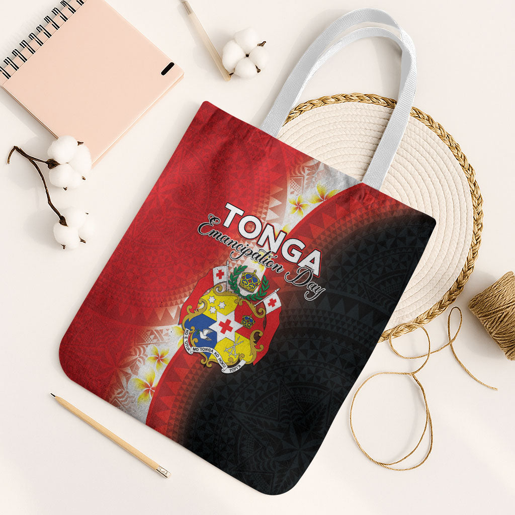 Tonga Emancipation Day Tote Bag Tongan Ngatu Pattern With Plumeria LT05 White Strap One Size Red - Polynesian Pride