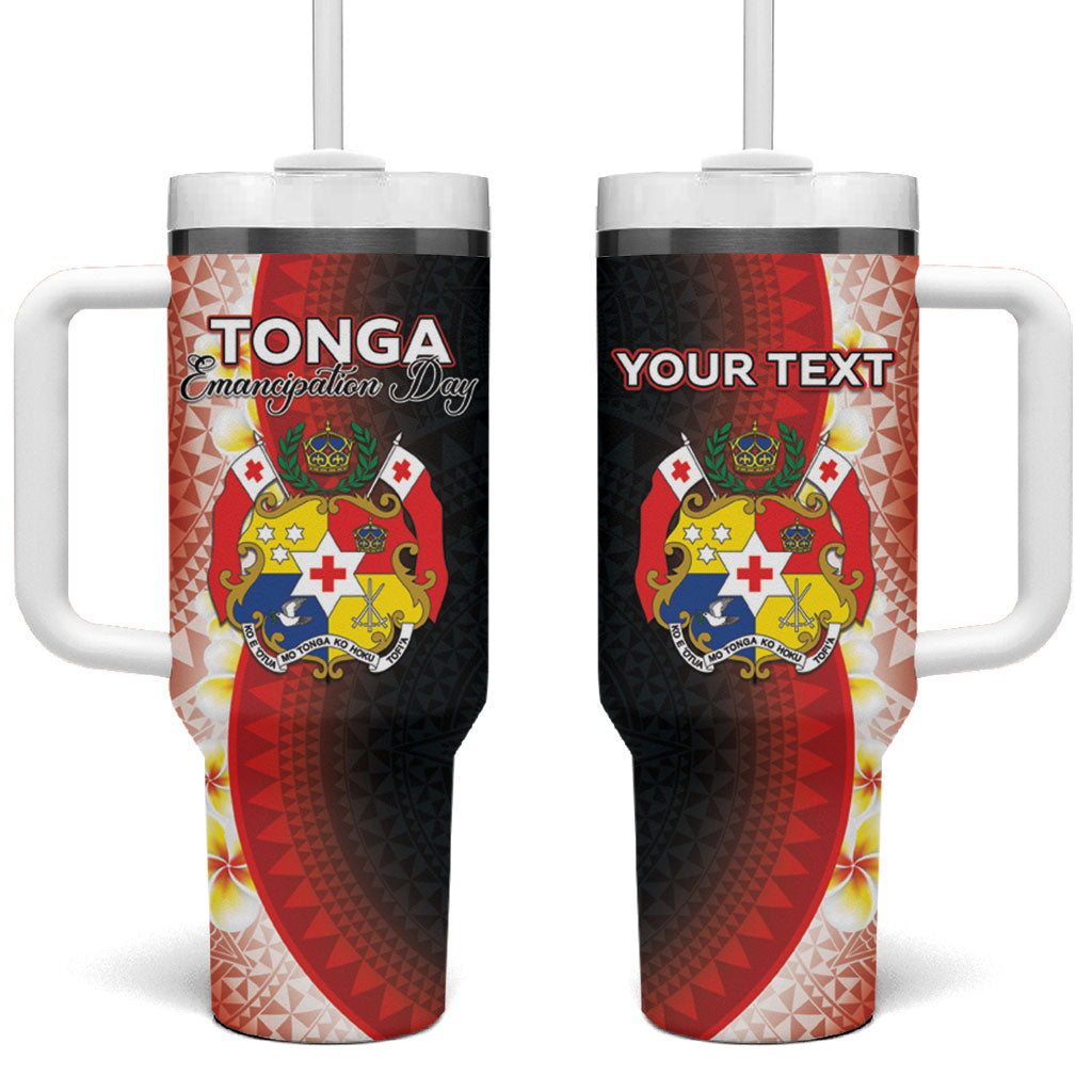 Personalised Tonga Emancipation Day Tumbler With Handle Tongan Ngatu Pattern With Plumeria