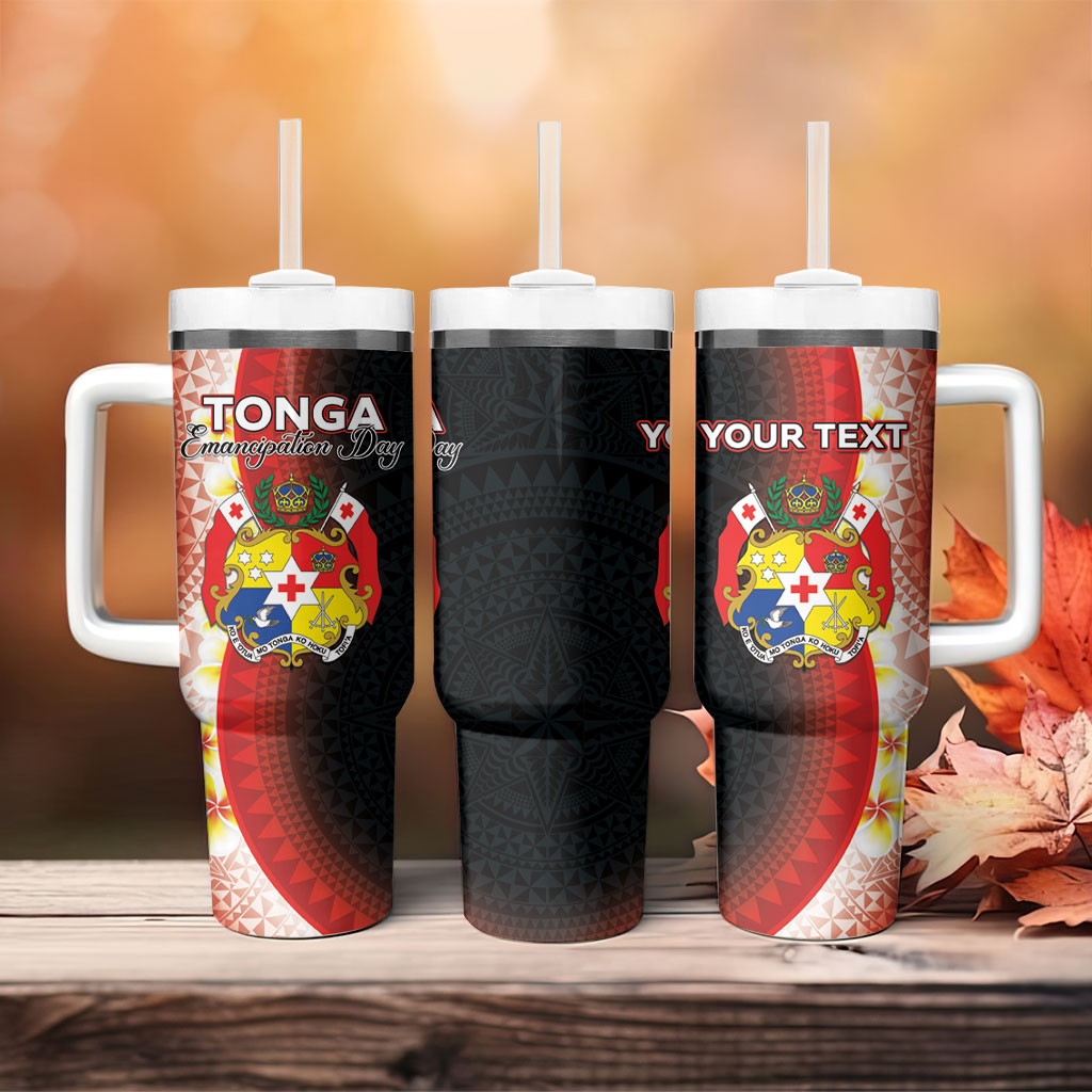 Personalised Tonga Emancipation Day Tumbler With Handle Tongan Ngatu Pattern With Plumeria LT05 - Polynesian Pride