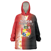 Personalised Tonga Emancipation Day Wearable Blanket Hoodie Tongan Ngatu Pattern With Plumeria LT05 One Size Red - Polynesian Pride