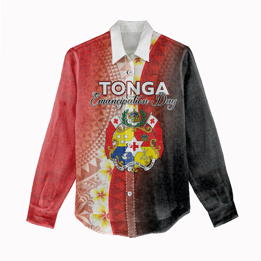 Personalised Tonga Emancipation Day Women Casual Shirt Tongan Ngatu Pattern With Plumeria LT05 - Polynesian Pride