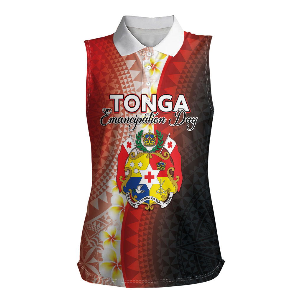 Personalised Tonga Emancipation Day Women Sleeveless Polo Shirt Tongan Ngatu Pattern With Plumeria LT05 Female Red - Polynesian Pride
