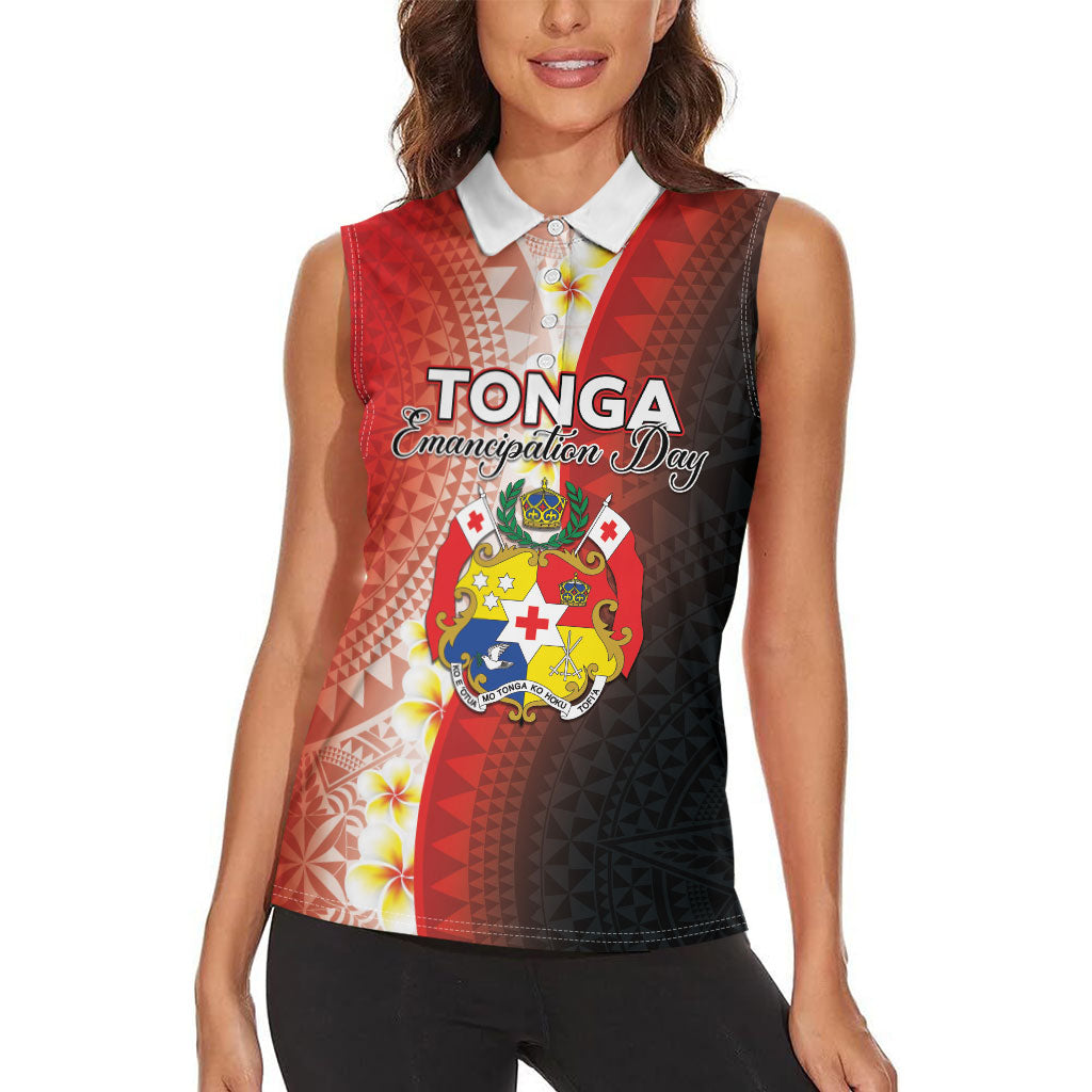 Personalised Tonga Emancipation Day Women Sleeveless Polo Shirt Tongan Ngatu Pattern With Plumeria LT05 - Polynesian Pride