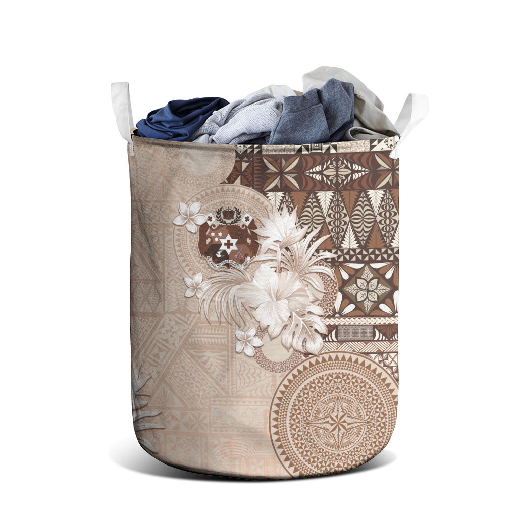 Tonga Ngatu Motifs Laundry Basket With Coat Of Arms Beige LT05 - Polynesian Pride