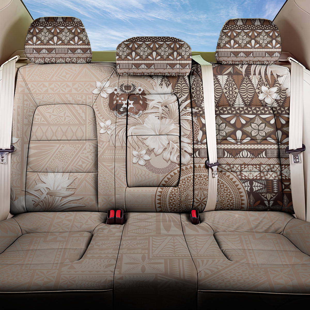 Tonga Ngatu Motifs Back Car Seat Cover With Coat Of Arms Beige LT05 One Size Beige - Polynesian Pride