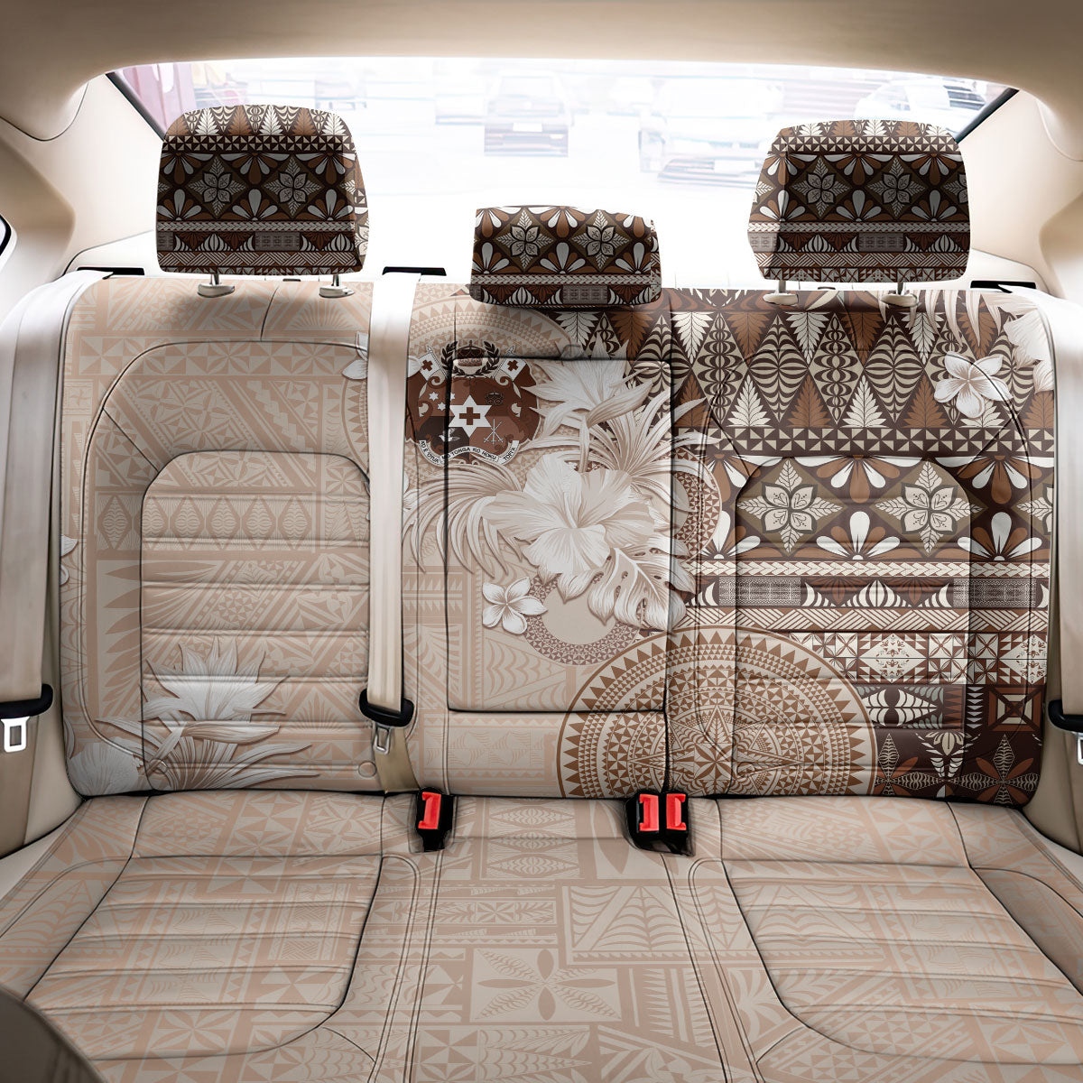 Tonga Ngatu Motifs Back Car Seat Cover With Coat Of Arms Beige LT05 - Polynesian Pride