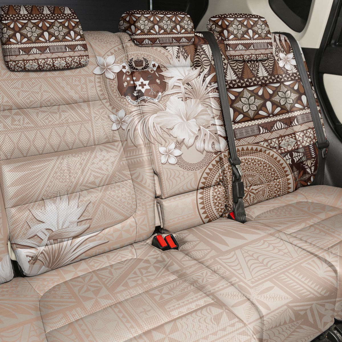 Tonga Ngatu Motifs Back Car Seat Cover With Coat Of Arms Beige LT05 - Polynesian Pride