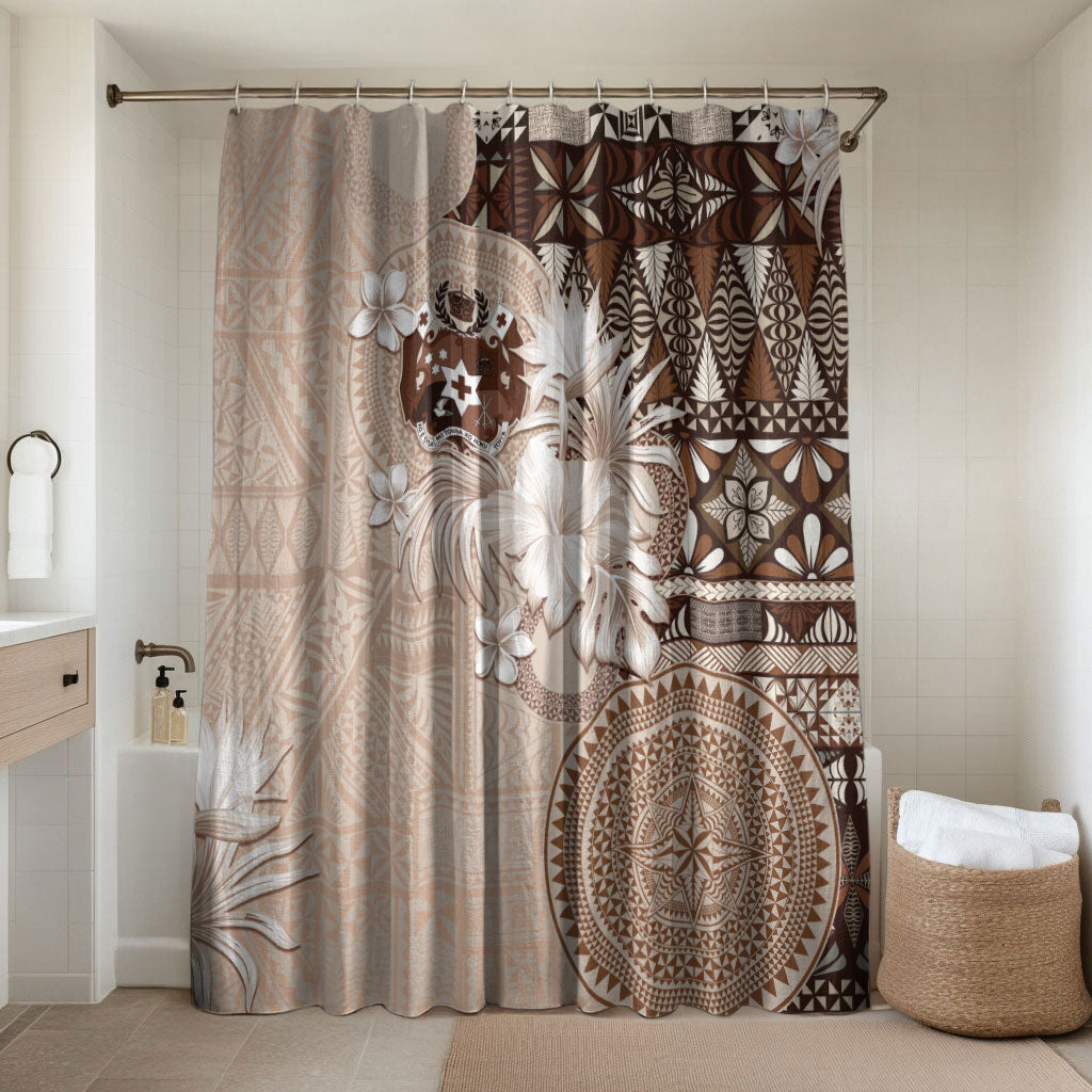 Tonga Ngatu Motifs Bathroom Set With Coat Of Arms Beige LT05 Shower Curtain Only Beige - Polynesian Pride