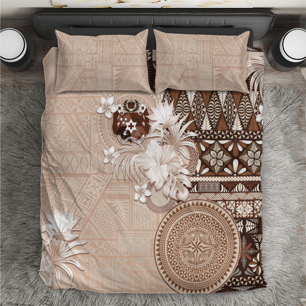 Tonga Ngatu Motifs Bedding Set With Coat Of Arms Beige LT05 Beige - Polynesian Pride
