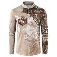 Tonga Ngatu Motifs Button Sweatshirt With Coat Of Arms Beige LT05 Beige - Polynesian Pride
