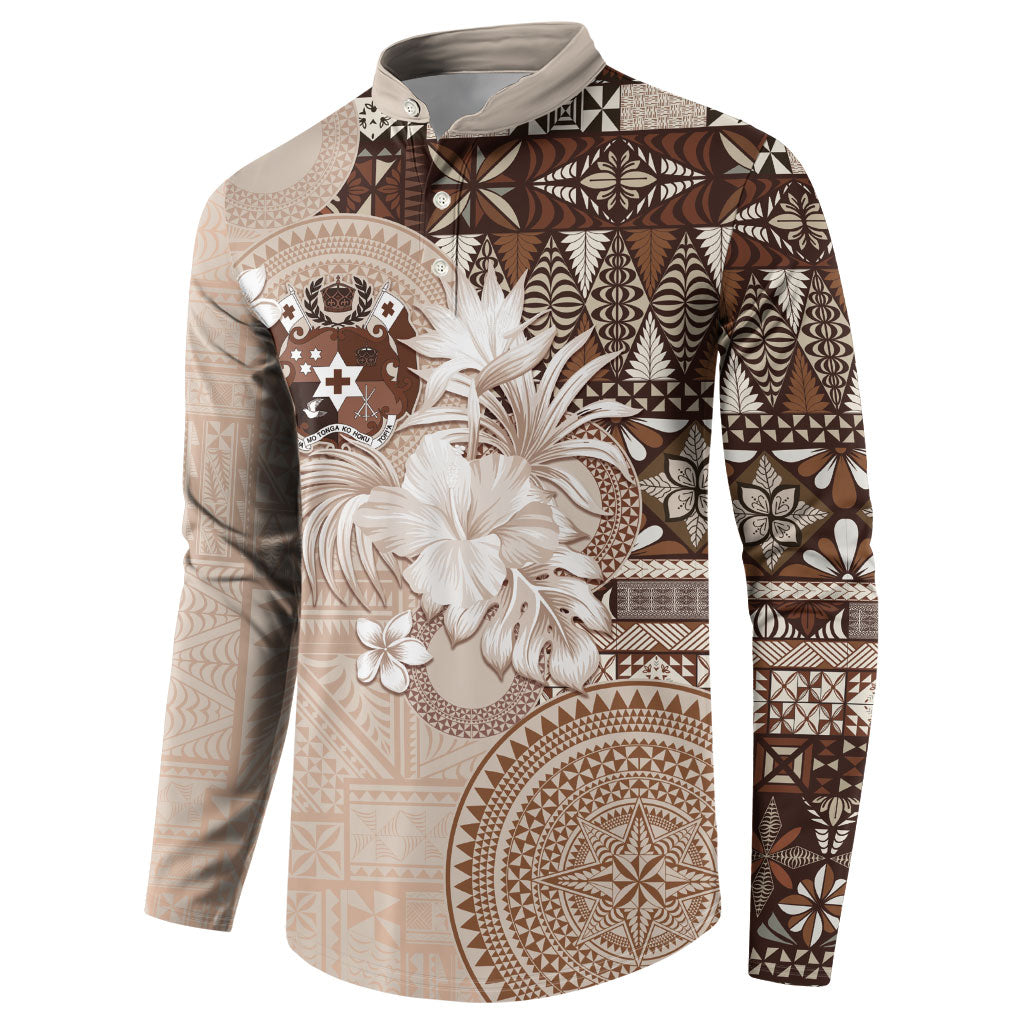 Tonga Ngatu Motifs Button Sweatshirt With Coat Of Arms Beige LT05 - Polynesian Pride