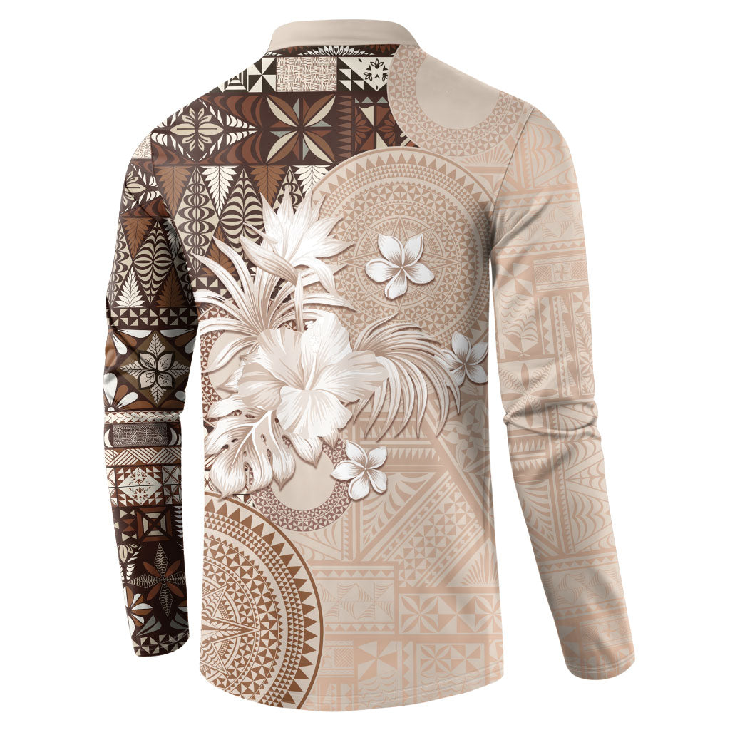 Tonga Ngatu Motifs Button Sweatshirt With Coat Of Arms Beige LT05 - Polynesian Pride