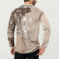 Tonga Ngatu Motifs Button Sweatshirt With Coat Of Arms Beige LT05 - Polynesian Pride