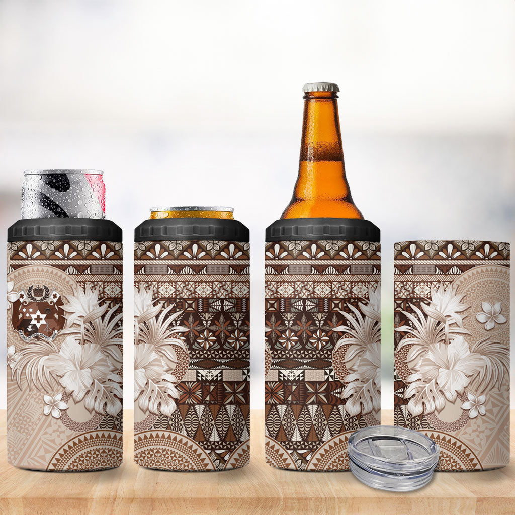 Tonga Ngatu Motifs 4 in 1 Can Cooler Tumbler With Coat Of Arms Beige LT05 - Polynesian Pride