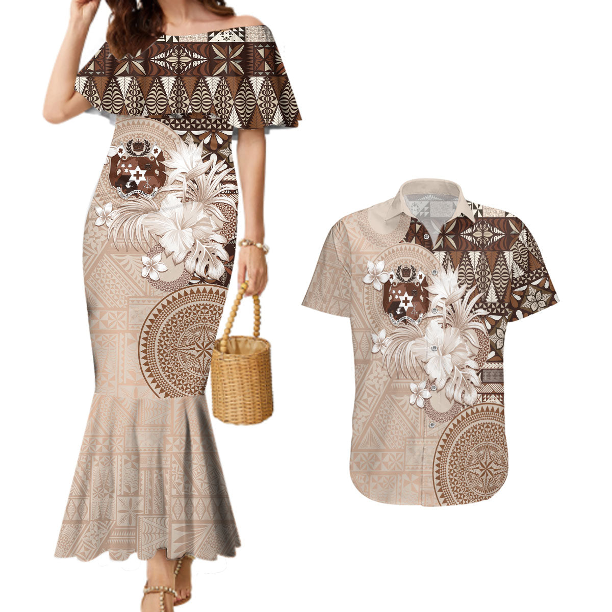 Tonga Ngatu Motifs Couples Matching Mermaid Dress and Hawaiian Shirt With Coat Of Arms Beige