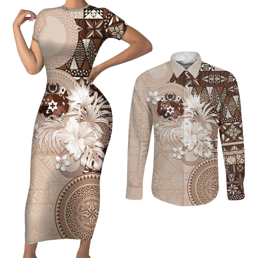 Tonga Ngatu Motifs Couples Matching Short Sleeve Bodycon Dress and Long Sleeve Button Shirt With Coat Of Arms Beige LT05 Beige - Polynesian Pride