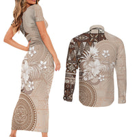 Tonga Ngatu Motifs Couples Matching Short Sleeve Bodycon Dress and Long Sleeve Button Shirt With Coat Of Arms Beige LT05 - Polynesian Pride