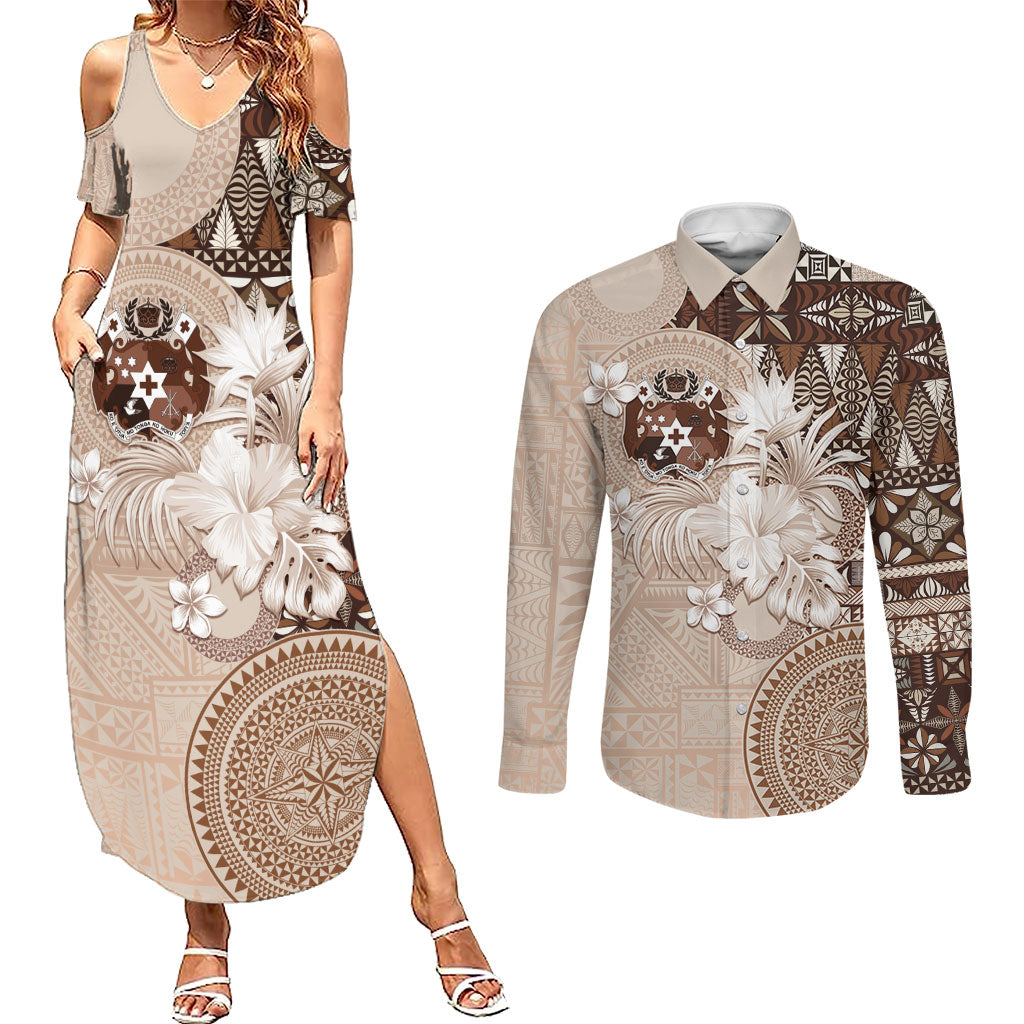Tonga Ngatu Motifs Couples Matching Summer Maxi Dress and Long Sleeve Button Shirt With Coat Of Arms Beige LT05 Beige - Polynesian Pride