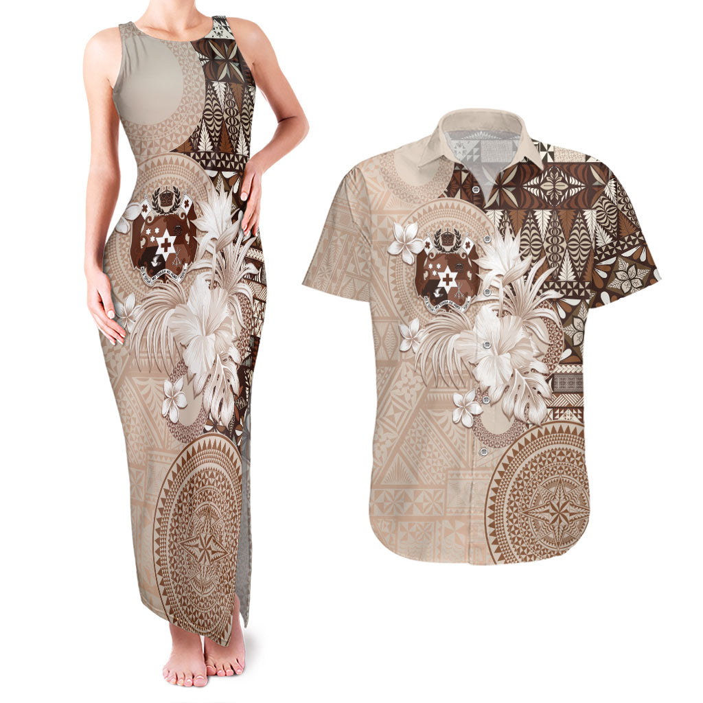 Tonga Ngatu Motifs Couples Matching Tank Maxi Dress and Hawaiian Shirt With Coat Of Arms Beige