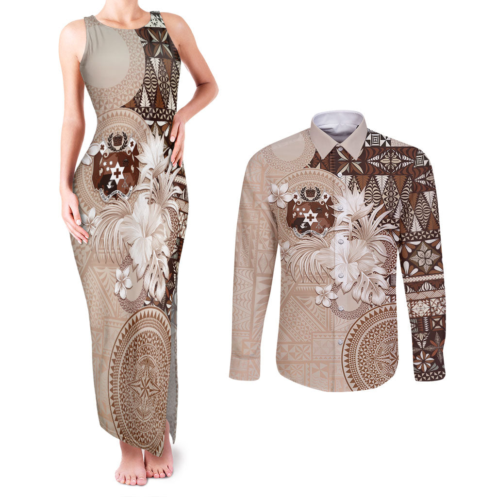 Tonga Ngatu Motifs Couples Matching Tank Maxi Dress and Long Sleeve Button Shirt With Coat Of Arms Beige