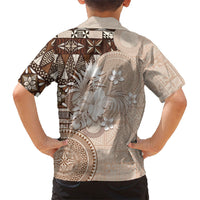 Tonga Ngatu Motifs Family Matching Off The Shoulder Long Sleeve Dress and Hawaiian Shirt With Coat Of Arms Beige LT05 - Polynesian Pride