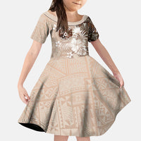 Tonga Ngatu Motifs Family Matching Off Shoulder Short Dress and Hawaiian Shirt With Coat Of Arms Beige LT05 Daughter's Dress Beige - Polynesian Pride