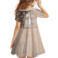 Tonga Ngatu Motifs Family Matching Off Shoulder Short Dress and Hawaiian Shirt With Coat Of Arms Beige LT05 - Polynesian Pride