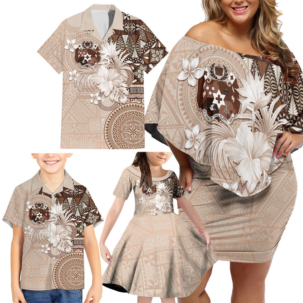 Tonga Ngatu Motifs Family Matching Off Shoulder Short Dress and Hawaiian Shirt With Coat Of Arms Beige LT05 - Polynesian Pride