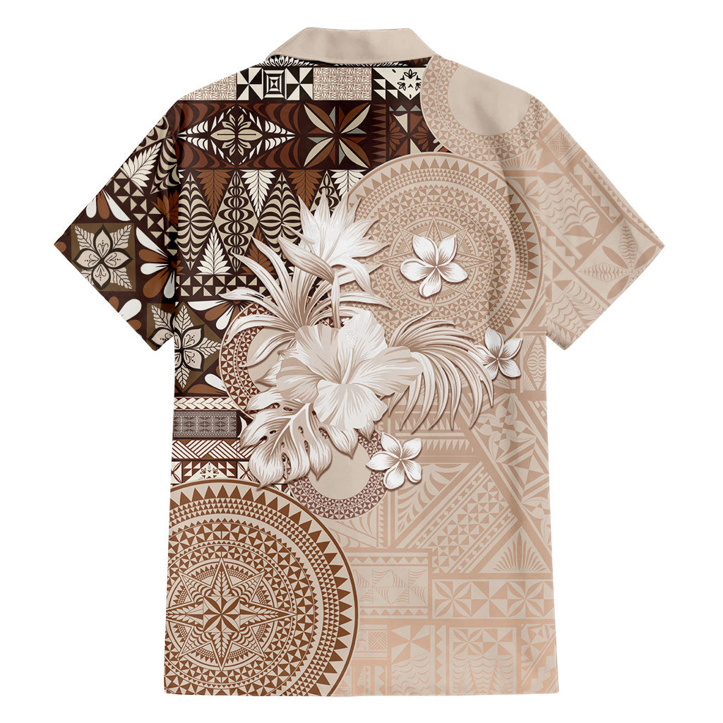 Tonga Ngatu Motifs Family Matching Off Shoulder Short Dress and Hawaiian Shirt With Coat Of Arms Beige LT05 - Polynesian Pride