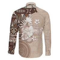 Tonga Ngatu Motifs Family Matching Off Shoulder Short Dress and Hawaiian Shirt With Coat Of Arms Beige LT05 - Polynesian Pride