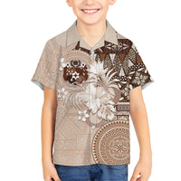 Tonga Ngatu Motifs Family Matching Off Shoulder Short Dress and Hawaiian Shirt With Coat Of Arms Beige LT05 Son's Shirt Beige - Polynesian Pride