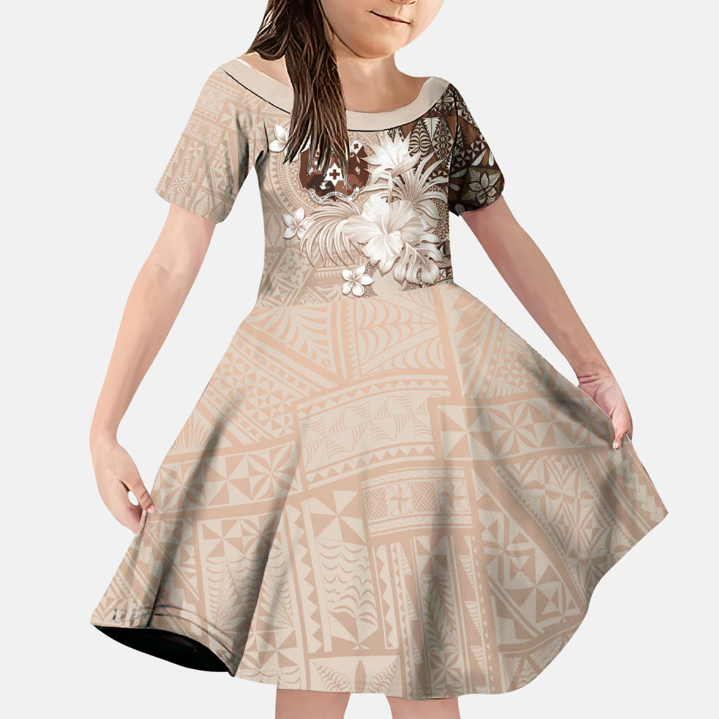Tonga Ngatu Motifs Family Matching Puletasi and Hawaiian Shirt With Coat Of Arms Beige LT05 Daughter's Dress Beige - Polynesian Pride
