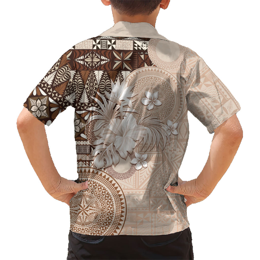 Tonga Ngatu Motifs Family Matching Short Sleeve Bodycon Dress and Hawaiian Shirt With Coat Of Arms Beige LT05 - Polynesian Pride