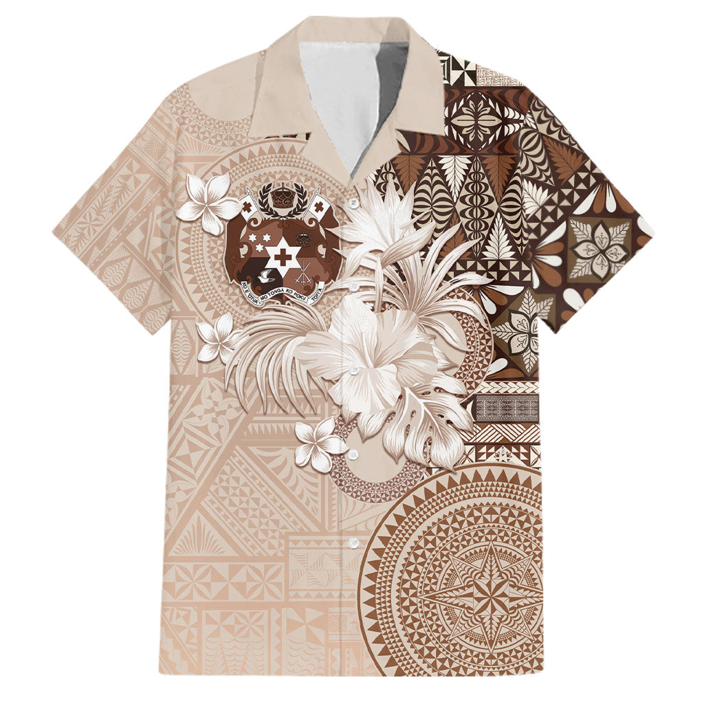 Tonga Ngatu Motifs Family Matching Summer Maxi Dress and Hawaiian Shirt With Coat Of Arms Beige LT05 Dad's Shirt - Short Sleeve Beige - Polynesian Pride