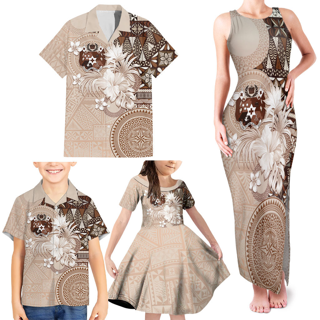 Tonga Ngatu Motifs Family Matching Tank Maxi Dress and Hawaiian Shirt With Coat Of Arms Beige