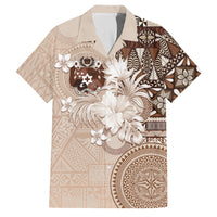 Tonga Ngatu Motifs Family Matching Tank Maxi Dress and Hawaiian Shirt With Coat Of Arms Beige LT05 Dad's Shirt - Short Sleeve Beige - Polynesian Pride