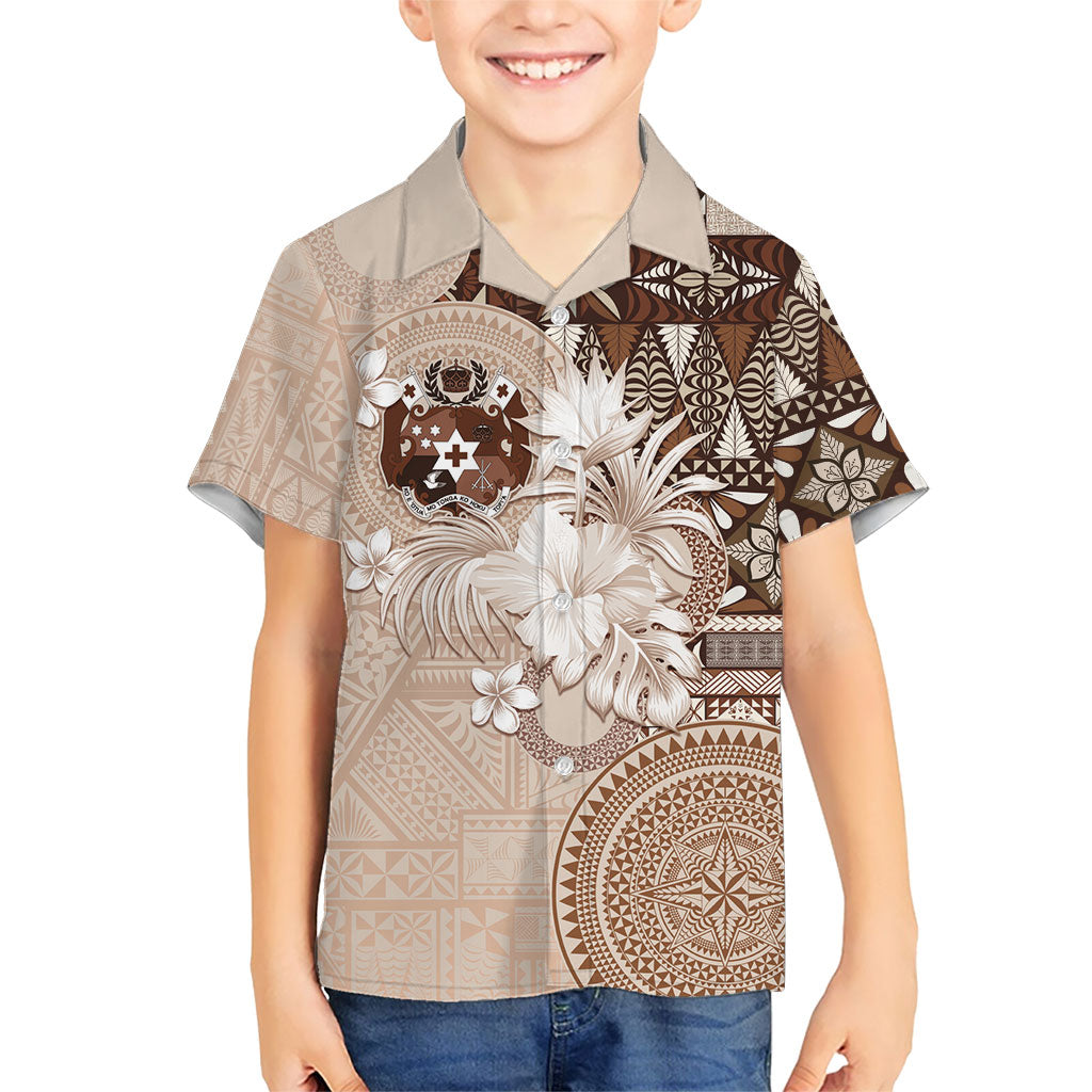 Tonga Ngatu Motifs Family Matching Tank Maxi Dress and Hawaiian Shirt With Coat Of Arms Beige LT05 Son's Shirt Beige - Polynesian Pride