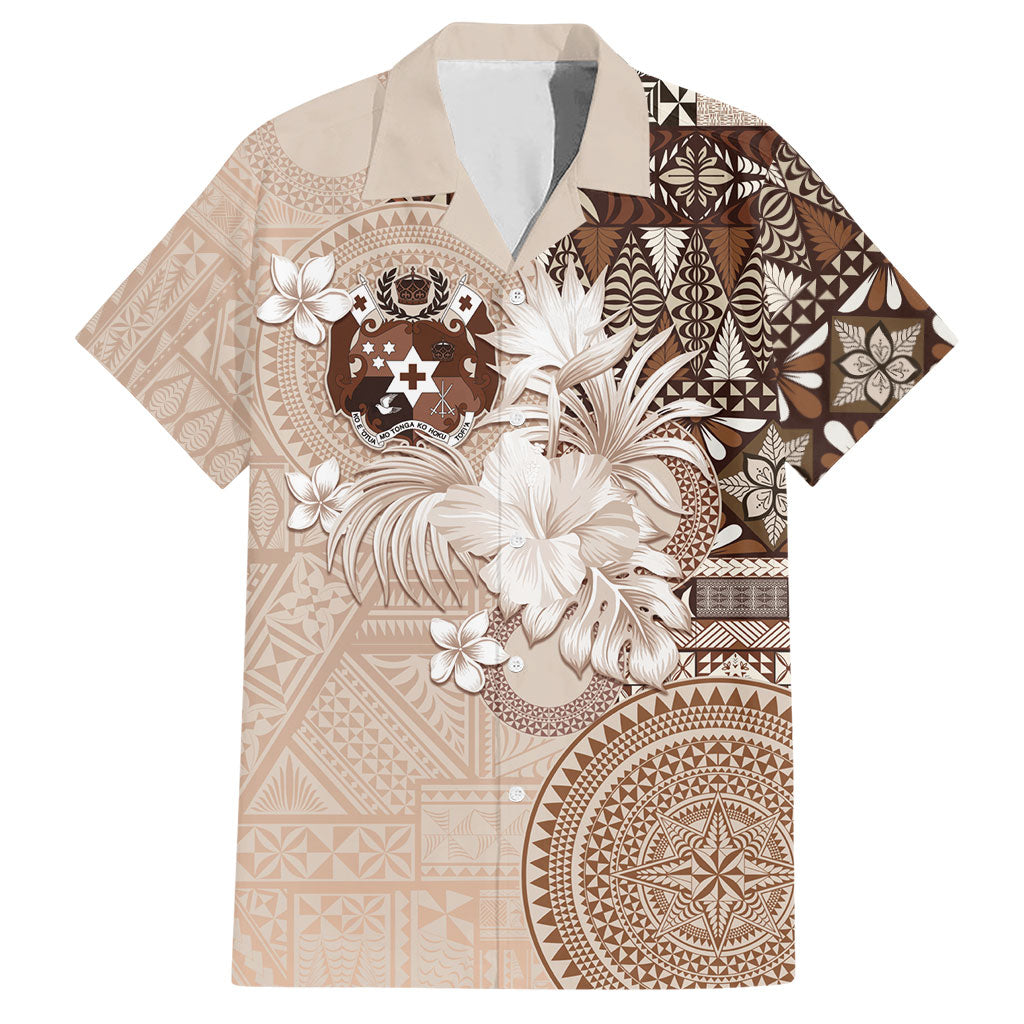 Tonga Ngatu Motifs Hawaiian Shirt With Coat Of Arms Beige LT05 Beige - Polynesian Pride